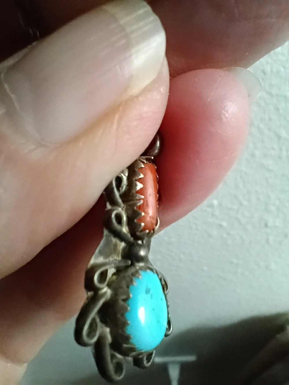 Vintage Native American Blue Turquoise & Coral Pendant Necklace – Womens Jewelry